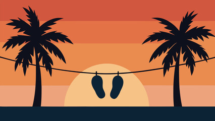 Vector art of a serene sunset scene featuring palm trees and sandals hanging on a rope, evoking a sense of relaxation and tropical getaway