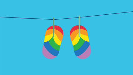 Vector art of rainbow flip flops hanging on a clothesline against a blue background, symbolizing pride and summer fun illustration