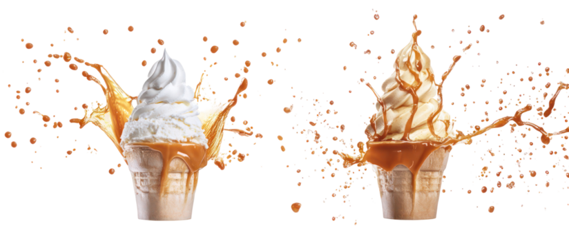 Ice cream splash and caramel sauce splash side by side overhead on transparent background