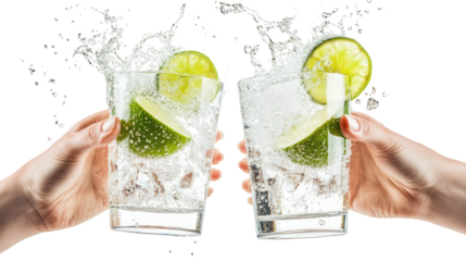 Lime soda two hands holding two transparent glasses side by side on transparent background