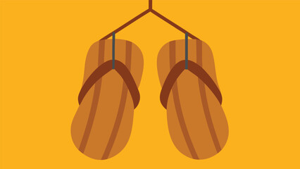 Vector art of pair of wooden sandals hanging from a string against a golden yellow background, simple and minimalist design for footwear concept