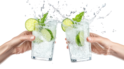 Lime soda two hands holding two transparent glasses side by side on transparent background