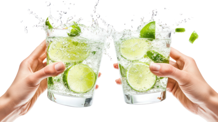 Lime soda two hands holding two transparent glasses side by side on transparent background