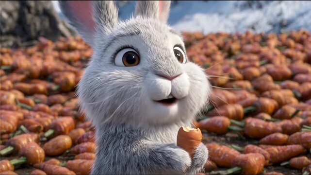Animated rabbit holding carrot in a field of carrots against a snow mountain
