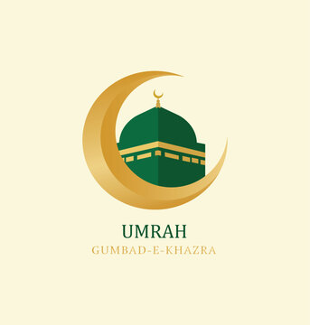 Elegant Islamic Umrah vector design with Gumbad-e-Khazra and golden crescent moon
