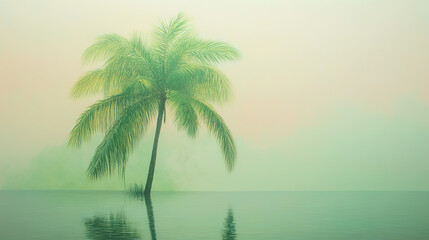Obraz premium A serene palm tree stands tall amidst a tranquil body of water, its lush green fronds creating a peaceful oasis in a misty, dreamlike landscape