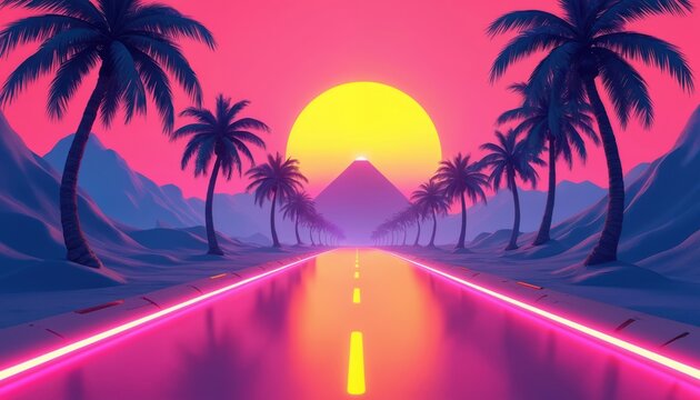 Neon palm trees line a glowing road leading to a pyramid under a vibrant sunset sky. Retro synthwave aesthetic for a futuristic digital art background.
