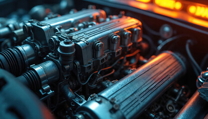 Obraz premium Close-up shot of complex internal combustion engine. Metallic parts, pipes, intricate mechanisms highlight automotive power. Industrial machinery features robust mechanical tech. Details show
