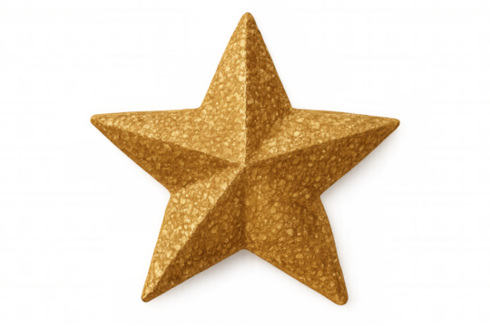 Golden textured star symbol with glitter on a transparent background, representing achievement and celebration