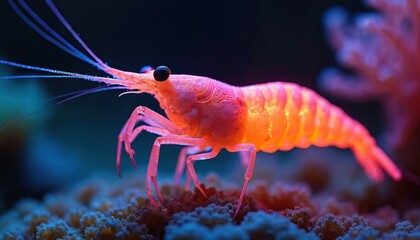Vibrant pink shrimp in surreal underwater scene with coral reef. Glowing shrimp with long antennae, large black eye. Shrimps body shines with pink, orange hues. Dark background with blue, purple