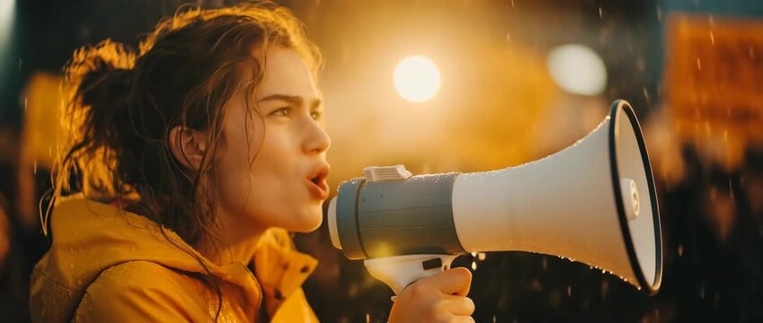 A young woman activist shouting into a megaphone during a protest in the rain. Close-up of a passionate leader making her voice heard at a night rally. Youth empowerment and freedom of speech concept