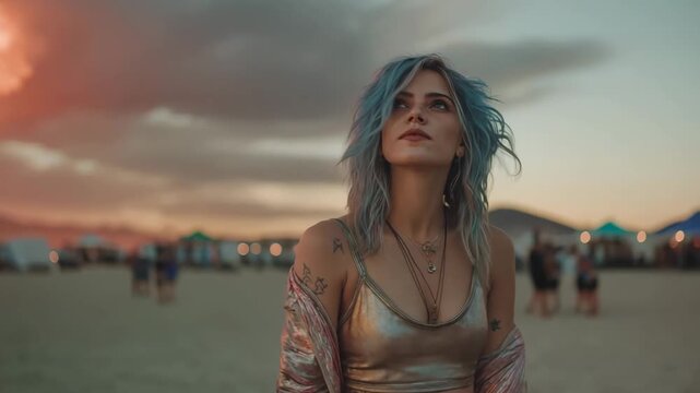 A young woman with blue hair looks up at a glowing heart in the sky at a desert festival. Cinematic shot of a person dreaming at sunset. Love and hope concept