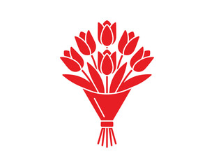 Red flower glyph icon. A bouquet for greetings. A romantic gift. Tulips in bloom. Blossoms thriving. Flower delivery service. Silhouette symbol on a white background. Vector illustration isolated.
