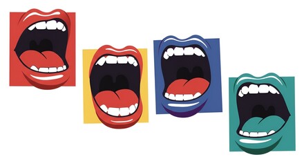 Obraz premium Four colorful mouths are open in an expressive, graphic style against a white background.