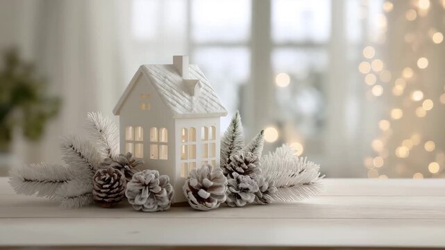 A cozy Christmas decoration with a glowing white house lantern. Festive winter holiday still life with snow-dusted pine cones and bokeh lights. Home decor concept with copy space
