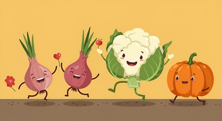 Naklejka premium Playful cartoon vegetables including onions, cauliflower, and pumpkin run happily together.