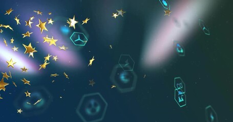 At start teal beams, golden stars drifting outward, cyan hexagons aligning showing energy flow - Powered by Adobe