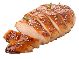 Teriyaki grilled chicken fillet with sesame garnish, transparent PNG