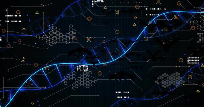 Helix emerging left, twisting modules appearing, glitch fragmenting reforming, wave completing flow