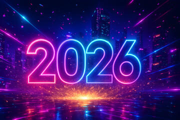 Neon 2026 Party Celebration &ndash; Futuristic Glowing Typography with Electric Lights and Confetti