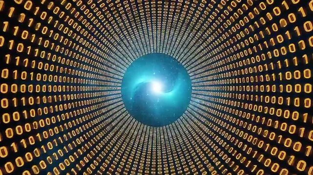 Futuristic Binary Code Data Portal with Glowing Blue Sphere Center