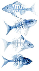
Watercolor, a simple drawing of five fish bones in different shapes and sizes, in light blue on a white background.
