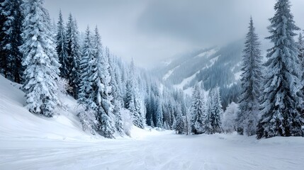 Naklejka premium Snow covered evergreen trees line a mountain valley under a foggy sky.
