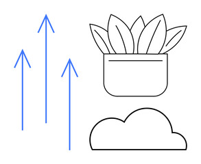 Blue arrows pointing upward, a potted plant emphasizing growth, with a cloud icon suggesting innovation. Ideal for progress, sustainability, development, nature, eco-friendliness, business growth