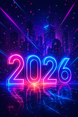 Neon 2026 Party Celebration &ndash; Futuristic Glowing Typography with Electric Lights and Confetti