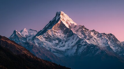 Majestic snow-capped mountains bathed in soft morning light under a gradient sky.