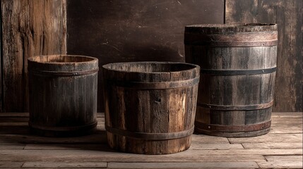 Fototapeta premium Vintage Wooden Barrels on Rustic Wooden Floor Background