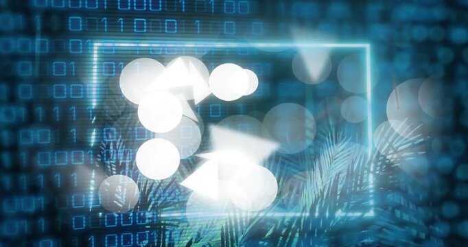 Scrolling binary digits causing pale-blue frame fading in as shapes clustering to show data flow
