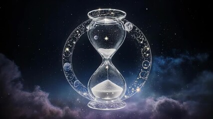 An hourglass filled with white sand, celestial theme with planets and a night sky - Powered by Adobe