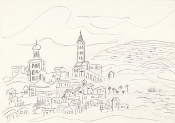 Scenic Line Drawing of a Hillside Town with Churches and Towers