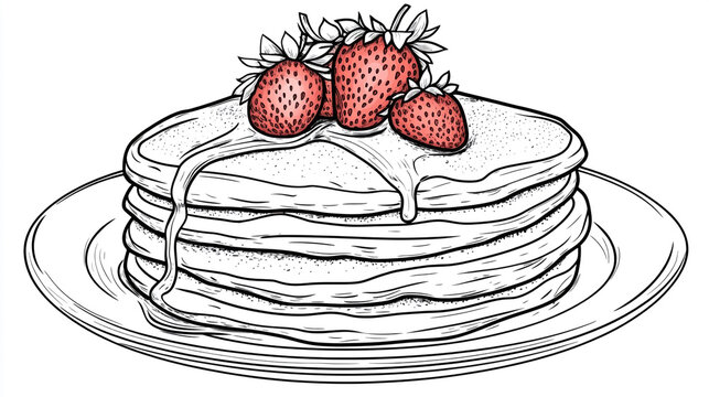 Handdrawn stack of pancakes topped with fresh strawberries and syrup, creating a delightful and classic breakfast illustration isolated on white background