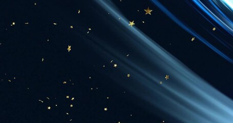 Rising from right edge, blue ribbon undulating across void, guiding golden stars into formation - Powered by Adobe