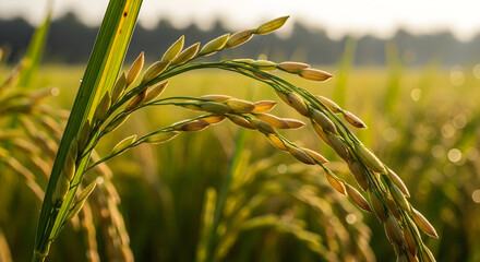Golden rice grains ripening on stalks in a sunlit paddy field, close-up view of agricultural crop during harvest season