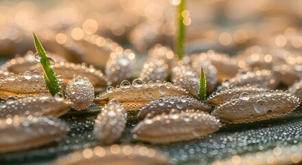 Fresh rice grains with sparkling dew drops and tender green shoots, macro photography