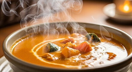 Steaming Hot Vegetable Curry Stew in a Bowl. Delicious and Comforting Meal with Cream Swirl.