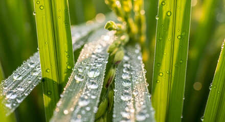 Vibrant green rice leaves with sparkling morning dew drops, illuminated by sunlight, symbolizing freshness and natural growth.