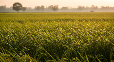 Golden Hour Glow on Lush Green Rice Field with Misty Horizon and Silhouetted Trees, Agricultural Landscape