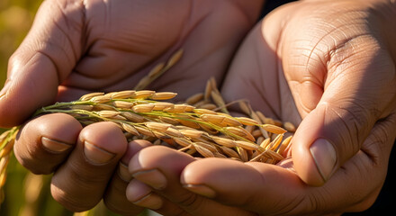 Hands holding ripe golden rice grains, symbolizing successful harvest and agricultural abundance.