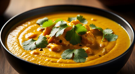 Delicious Creamy Orange Soup with Fresh Cilantro Garnish in a Black Bowl
