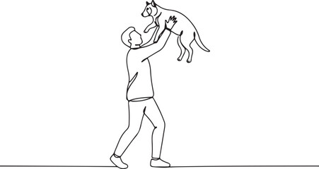 Man lifting pet dog in a joyful, playful moment, rendered in a continuous line art style, perfect for animal lovers and minimalist design.