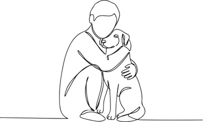 Minimalist continuous line art of a person embracing their loyal dog, representing human-animal bond, affection, and loving companionship