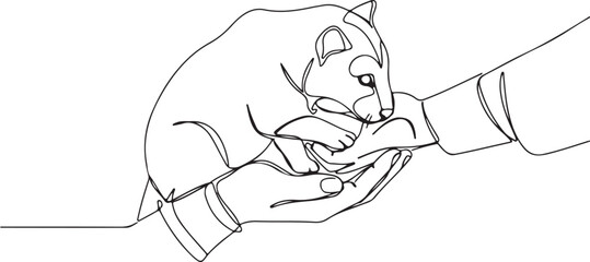 Minimalist continuous line drawing depicting hands cradling a small cat or animal cub, representing concepts of protection, tenderness, and animal welfare