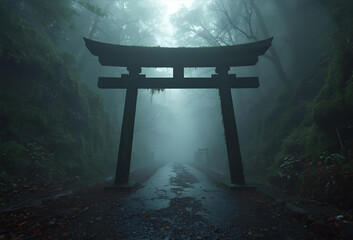 暗い森の道に神社の鳥居