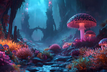 大きなキノコが生えている幻想的な異世界風景のイラスト