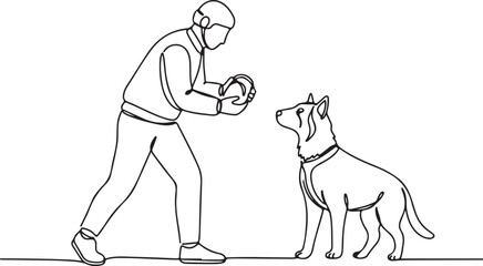 ontinuous line art of a person and their pet dog, showing interaction, training, or feeding with a bowl or ball, symbolizing animal care, friendship, and human-canine bonding.