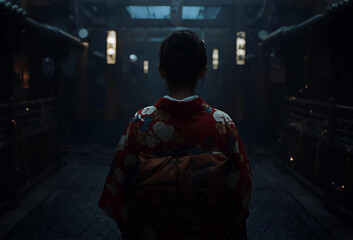 暗い通りを歩く着物姿の日本人女性